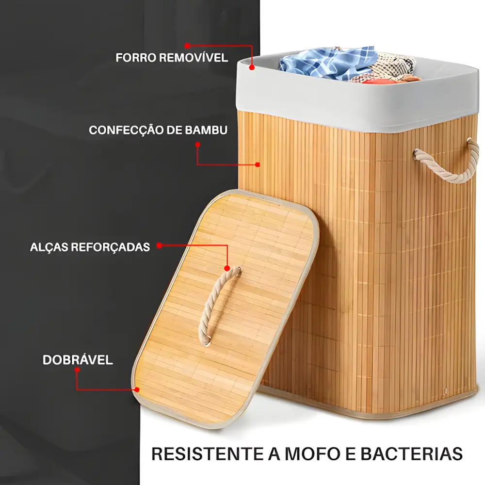 Cesto de Bambu Ecológico para Lavanderia com Tampa e Alças de Fibra Natural 3