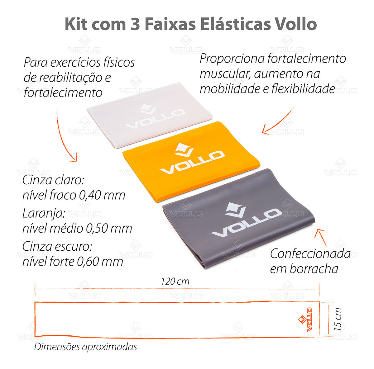 Kit Faixas Elásticas Bands 3 Intensidades Vollo 3