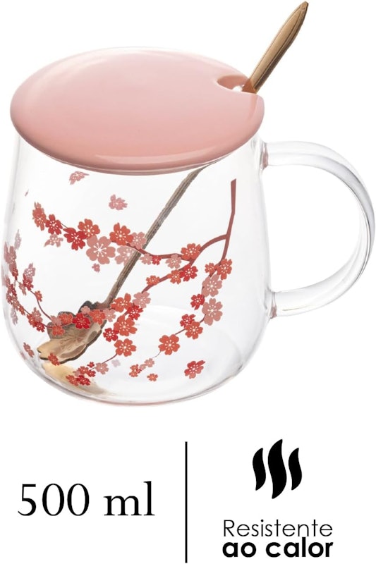 Caneca de Vidro Borossilicato com Tampa e Colher Sakura 500 ml 4