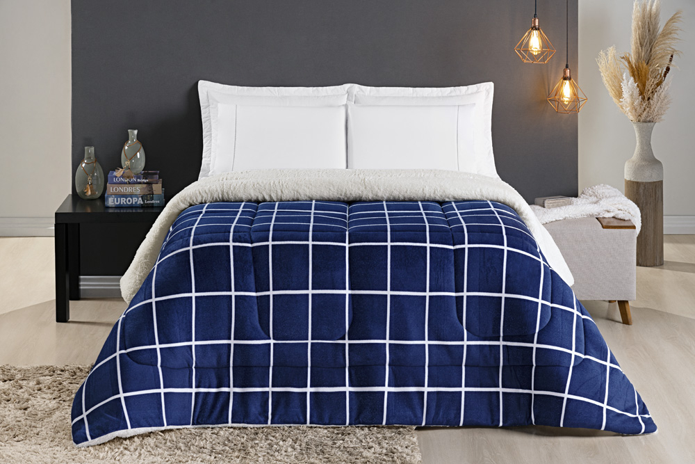 Coberdrom Solteiro Austin Dupla Face Manta Flannel Estampado Grid e Sherpa 2