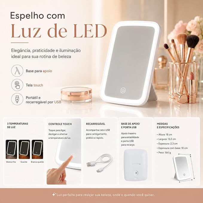 Espelho de Maquiagem com Touch e Borda de Luz LED X-Matte 2
