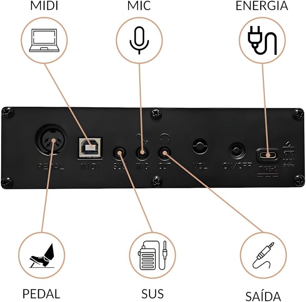 Piano Digital Bivolt c/ Pedal Elétrico e Suporte Marrom Waver 5