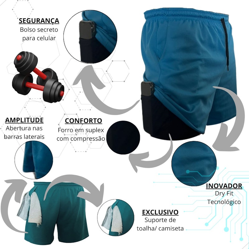 Short Duplo 2 em 1 para Corrida Bolso Interno Proteção UV20+ 3