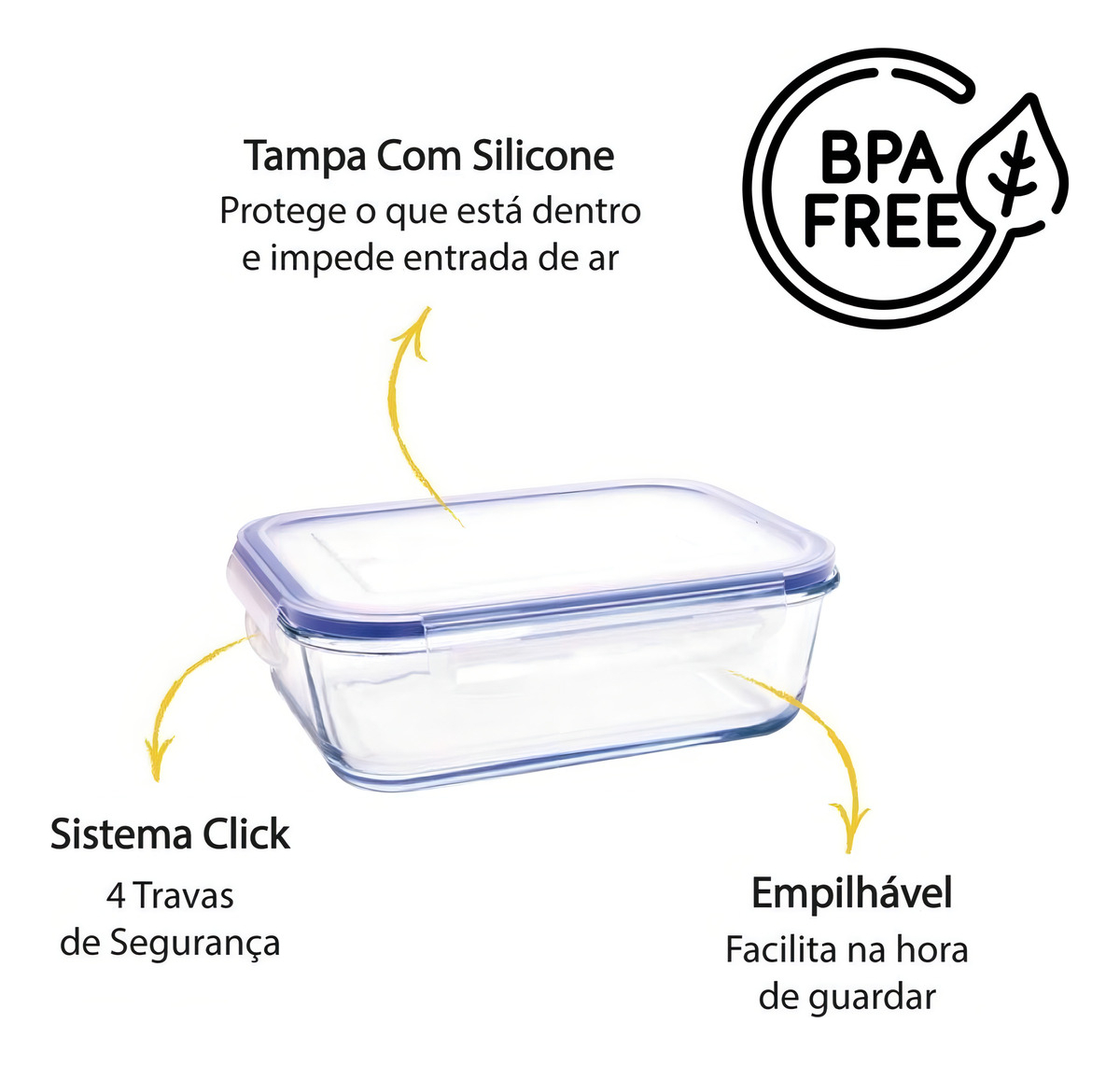 Kit Conjunto 5 Potes de Geladeira Hermético de Vidro Marmita Tampa Click 2