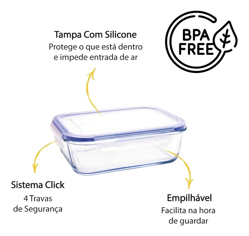 Kit Conjunto 5 Potes de Geladeira Hermético de Vidro Marmita Tampa Click 2