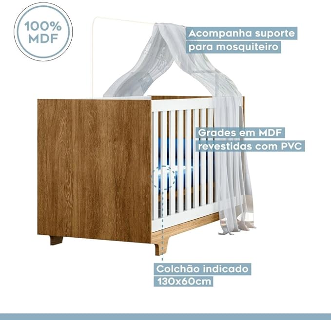 Quarto de Bebê Completo 100% MDF com Cômoda Berço e Guarda Roupa Nina 4