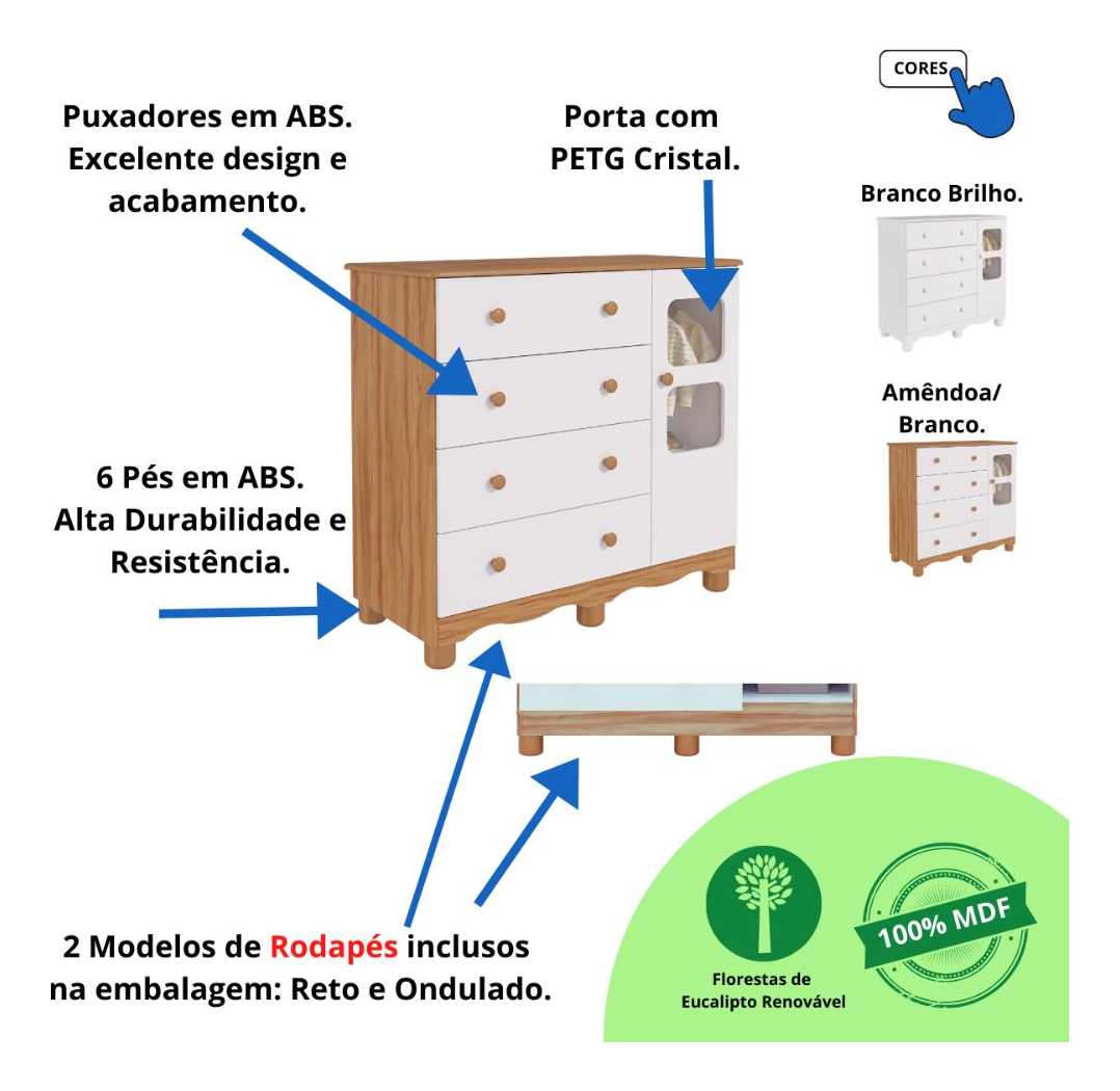 Quarto de Bebê Completo com Berço Americano Ben 3 Em 1 Guarda Roupa 3 Portas e Cômoda Uli 4 Gavetas  3