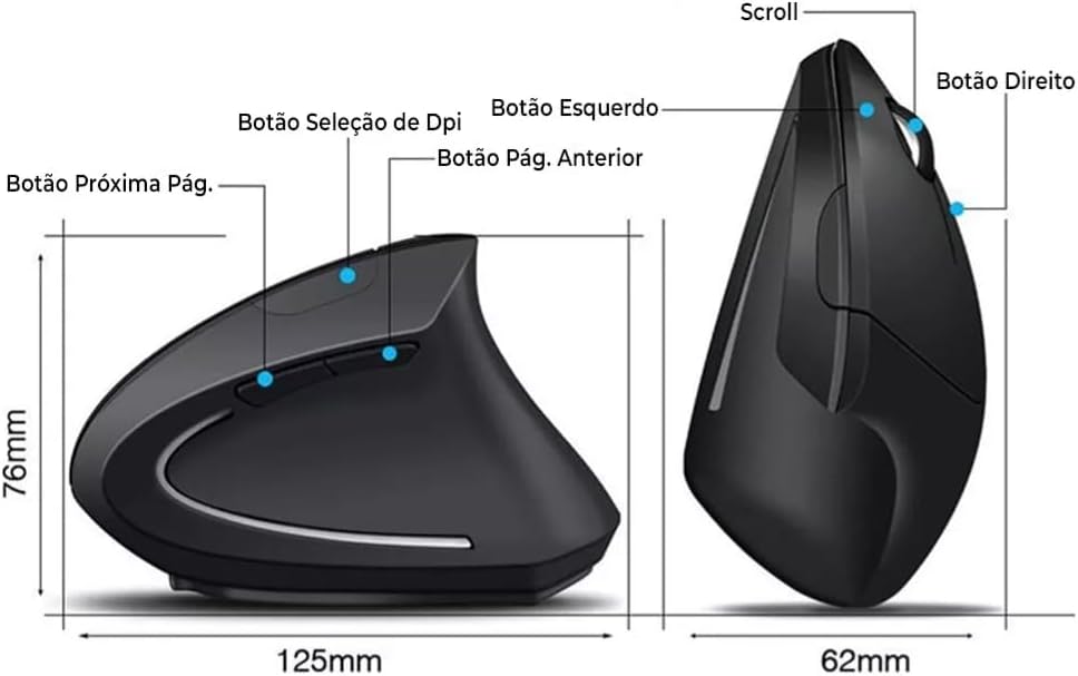 Mouse Vertical sem Fio (Wireless e Bluetooth) 5