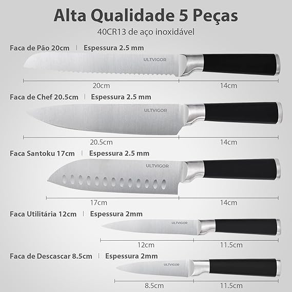 Conjunto de Facas 5 Peças Aço Inoxidável Afiado e Durável 4