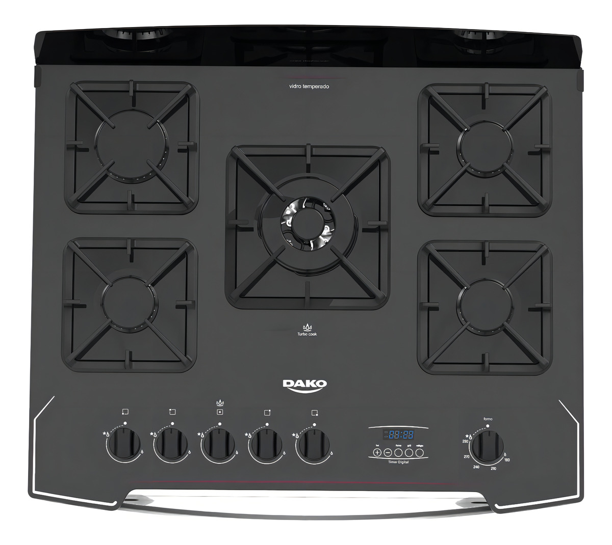 Fogão 5 Bocas Preto com Frente em Vidro Preto e Timer Digital Dako Diplomata Grill  3