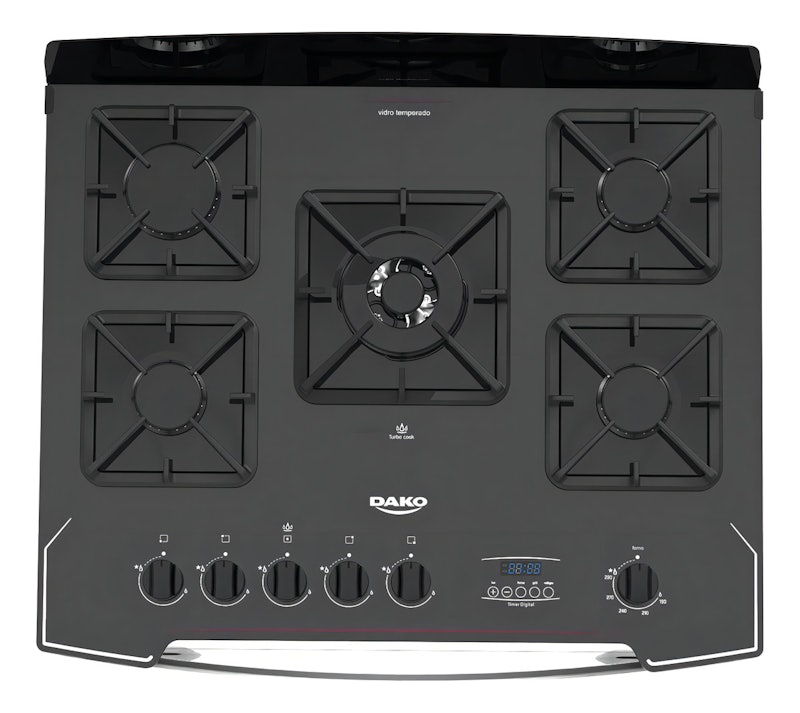 Fogão 5 Bocas Preto com Frente em Vidro Preto e Timer Digital Dako Diplomata Grill 3