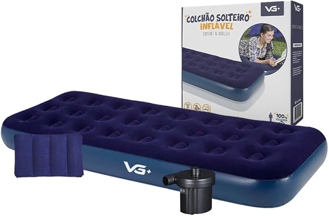 Colchão Solteiro Inflável + Travesseiro + Bomba Elétrica 1