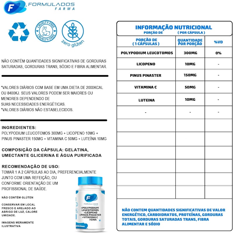 Polypodium Leucotomos 300 mg + Licopeno 10 mg + Pinus Pinaster 150 mg + Vitamina C 50 mg + Luteina 10 mg Formulados Farma 2