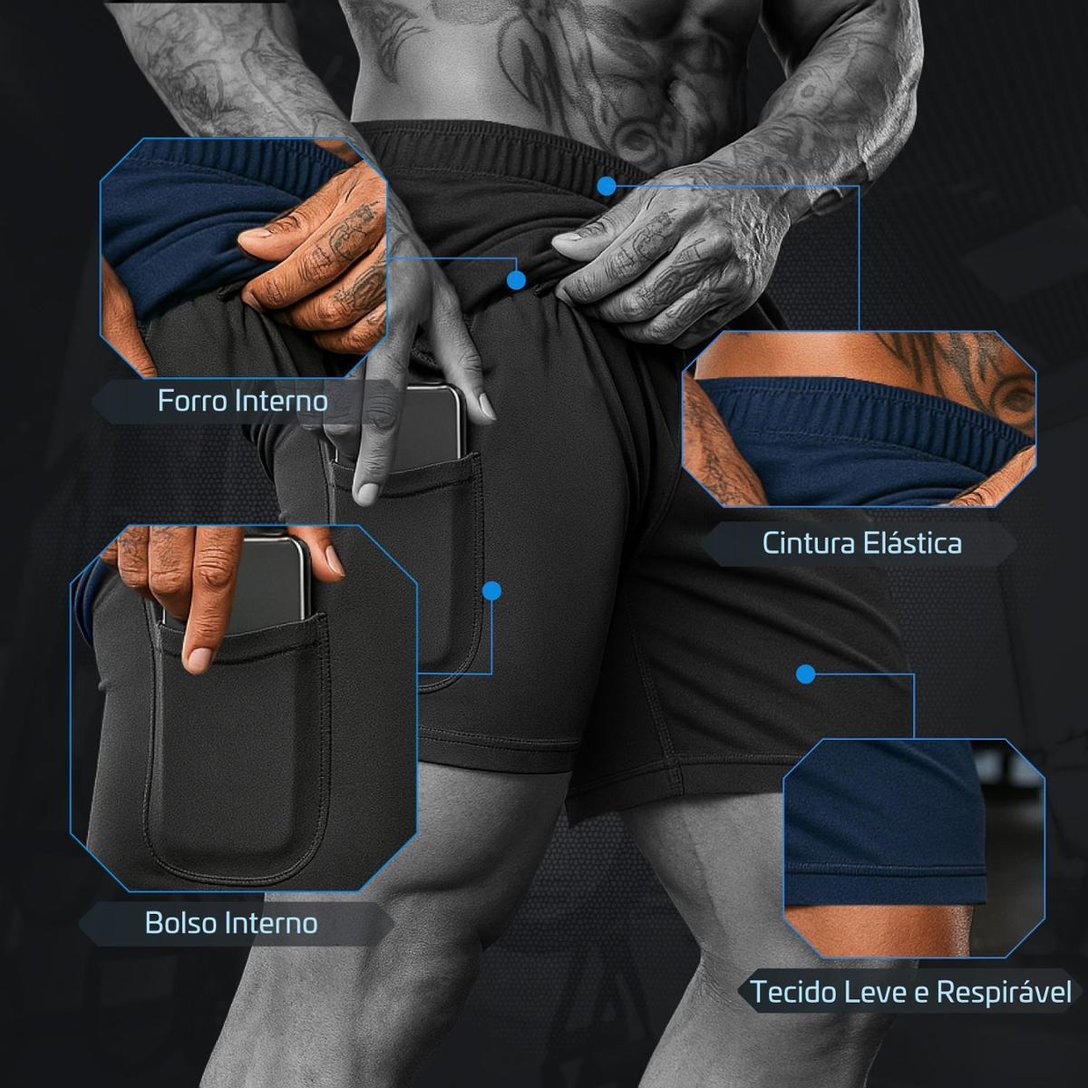 Kit 3 Shorts Masculinos 2 em 1 com Bermuda para Treino e Bolso Interno 4