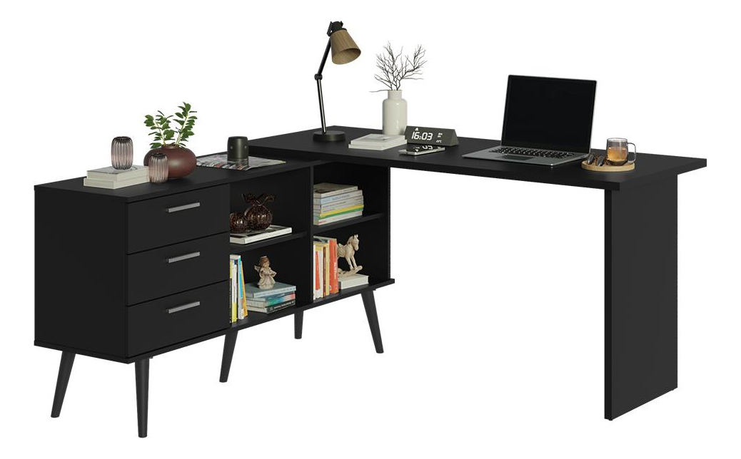 Escrivaninha em L Mesa para Computador Gamer 3 Gavetas Preto Lisboa Madesa 2