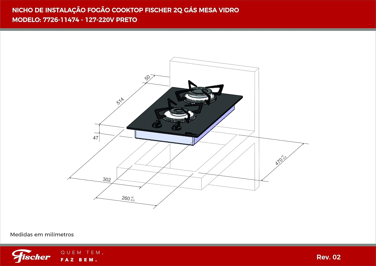 Cooktop a Gás Fischer 2 Bocas Mesa Vidro 3
