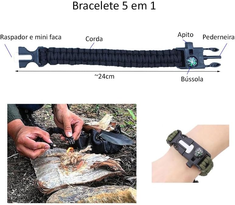 Kit de Sobrevivência Pesca Caça Canivete Lanterna Paracord Pederneira Ferramenta Multifuncional 4