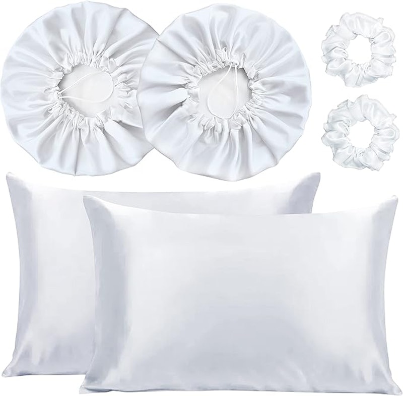 Kit 2 Fronhas de Cetim Seda + 2 Toucas + 2 Xuxinhas 4