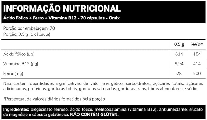 Ácido Fólico, Ferro e Vitamina B12 - 70 Cápsulas 5
