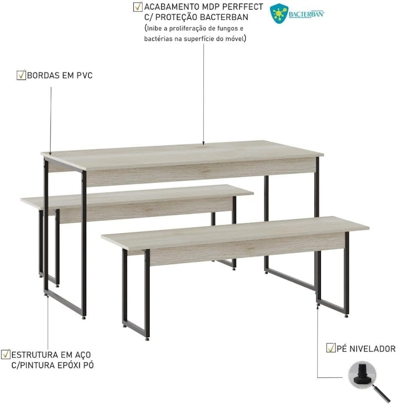 Mesa de Jantar com 02 Bancos Estilo Industrial 4