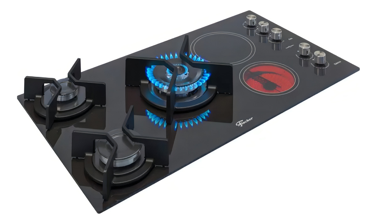 Cooktop Gás/Elétrico Fischer 5 Bocas Tripla Chama TOP com Trempe de Ferro Fundido Vitrocerâmica 4