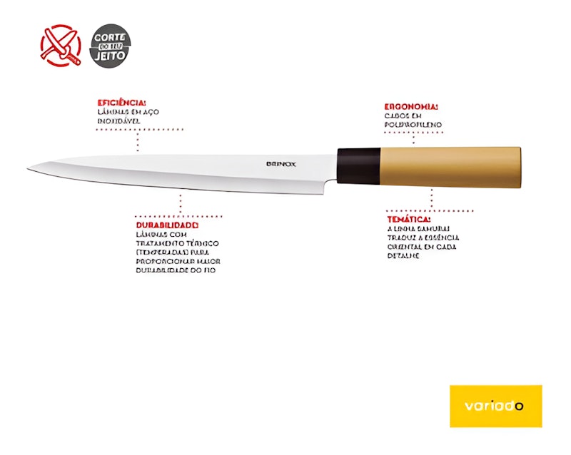Faca para Sushi e Sashimi Brinox Samurai 8 1/2" Aço Inox 3