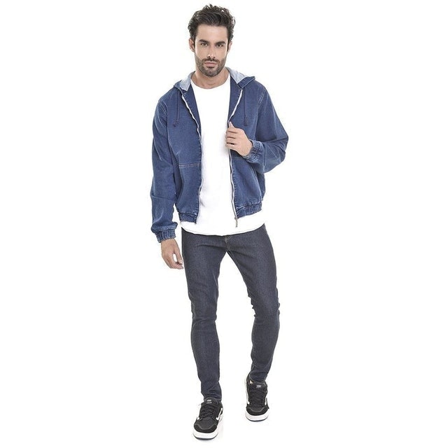 Jaqueta Jeans Masculina com Capuz e Zíper Frontal 4