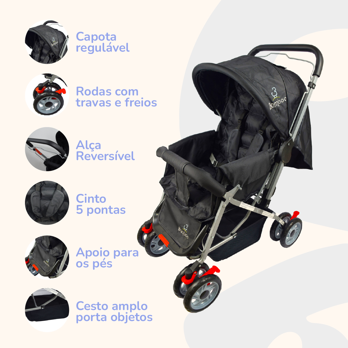 Carrinho Bebê Passeio Reclinável Reversível Mosquiteiro Bamboo Preto + Bolsa 2