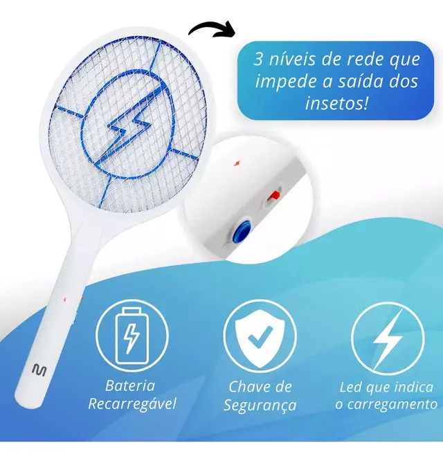Raquete Elétrica Mata Insetos com Bateria Recarregável Bivolt Multi Saúde 4