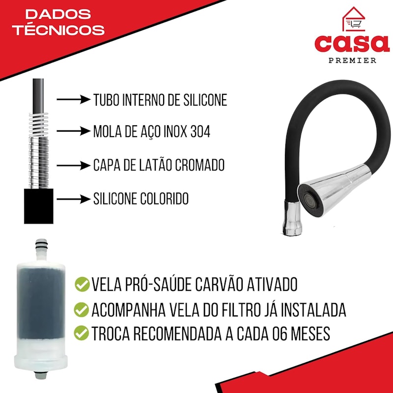 Torneira com Filtro Parede Gourmet Flexível + 3 Refil Vela 3