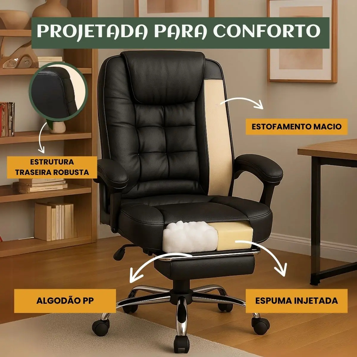 Cadeira de Escritório Itália Presidente Ergonômica Couro Sintético LuvinCo 4