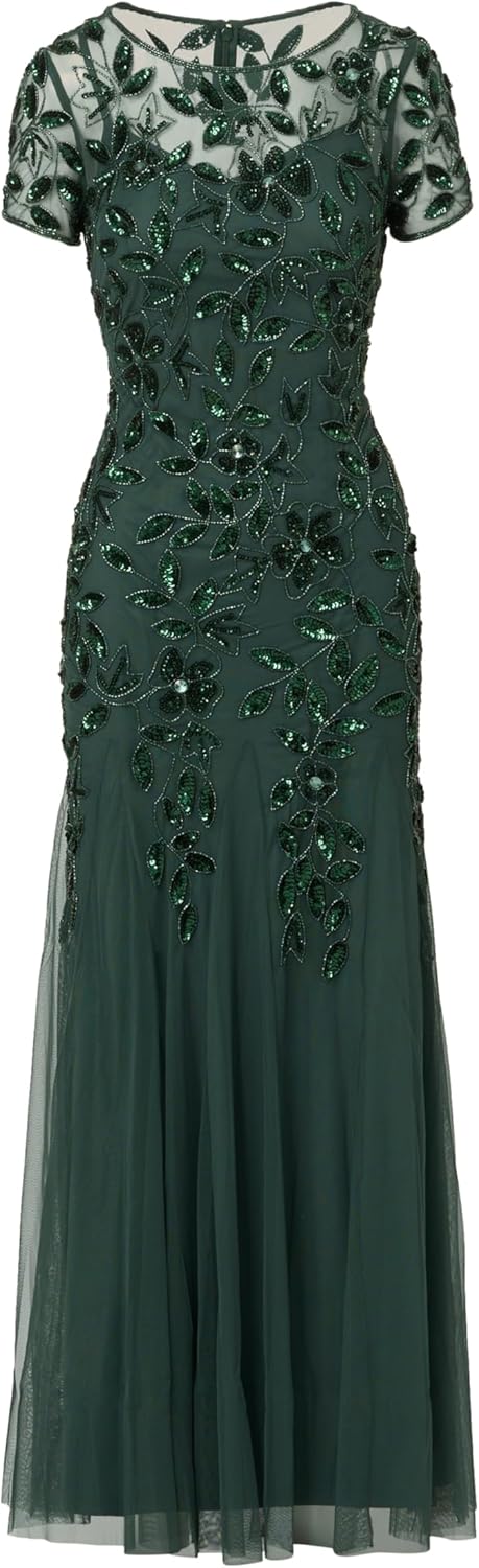 Vestido Godê Floral de Manga Curta com Bordados à Mão Esmeralda Acinzentado 5