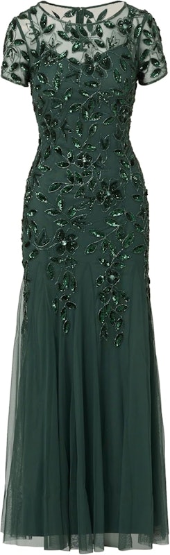 Vestido Godê Floral de Manga Curta com Bordados à Mão Esmeralda Acinzentado 5