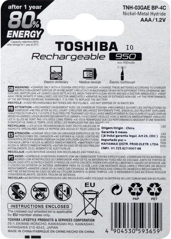Pilha Recarregável AAA 1,2 V 950 mAh 3