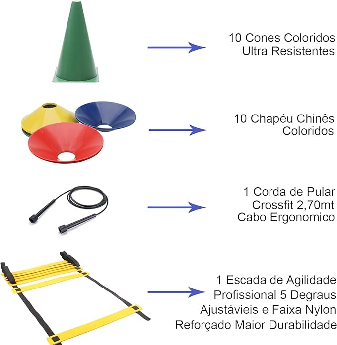Kit Treino Corda de Pular + 10 Cones + 10 Pratos + Escada de Agilidade 2