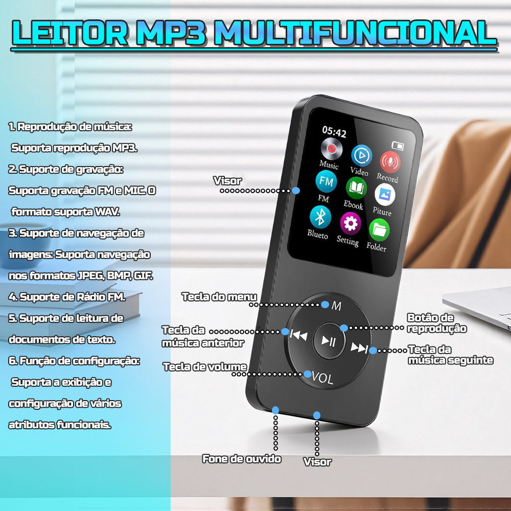 Player Portátil Reprodutor de Música Ultrafino MP3 Player Bluetooth 4