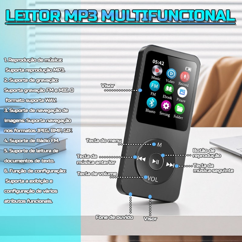 Player Portátil Reprodutor de Música Ultrafino MP3 Player Bluetooth 4