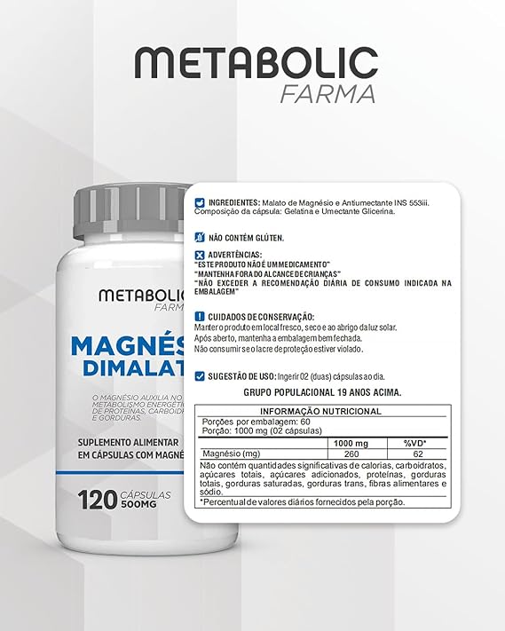 Magnésio Dimalato 500 mg 120 Cápsulas Metabolic Farma 2