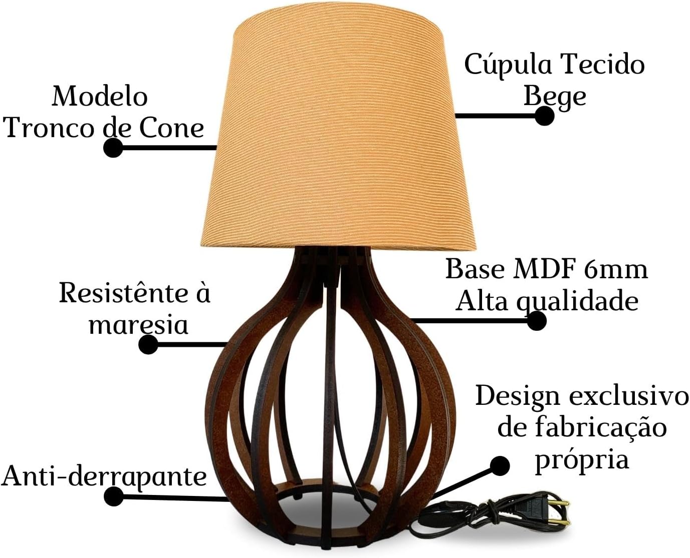 Abajur Luminária de Mesa MDF Quarto Sala Escritório com Cúpula TNT 3