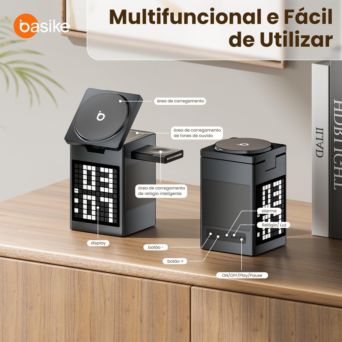 Carregador por Indução Basike Ba Despertador Pixel Bluetooth sem Fio Rápido 3