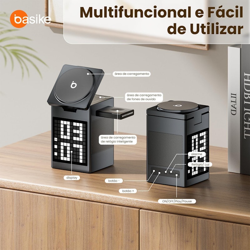 Carregador por Indução Basike Ba Despertador Pixel Bluetooth sem Fio Rápido 3