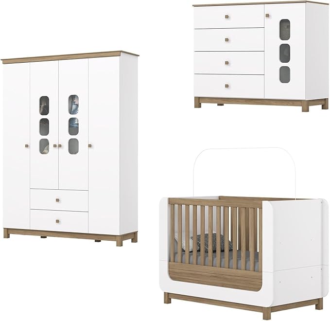 Conjunto Quarto de Bebê Berço 2 em 1, Guarda-roupa e Cômoda Sophia 3