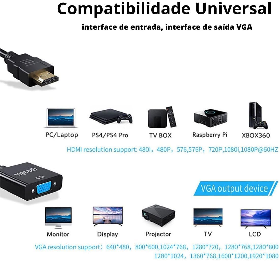 Kit Cabo Adaptador Conversor HDMI Para VGA Com Saída P2 de Áudio + Cabo VGA 1,5m 5