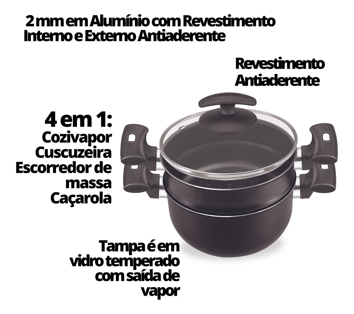 Conjunto para Cozimento a Vapor com Tampa de Vidro Black 4