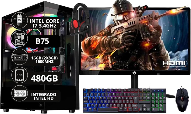 PC Gamer Completo Intel Core I7 3.4 GHz 16 GB DDR3 SSD 480 GB Monitor 21,5" Kit Gamer 1