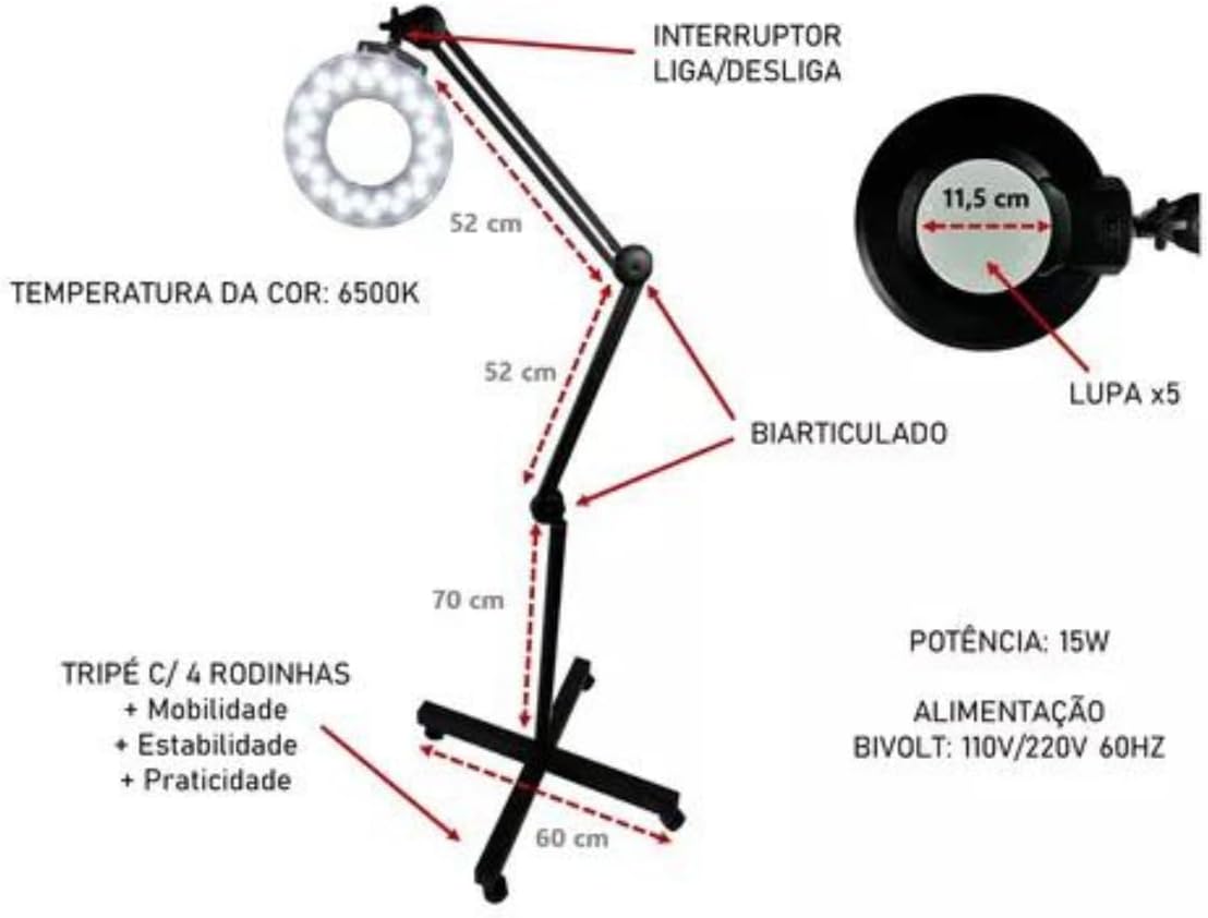 Lupa Luminária Articulada LED Estética c/ Tripé 5