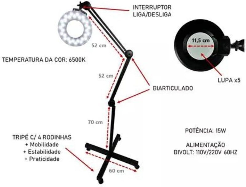 Lupa Luminária Articulada LED Estética c/ Tripé 5