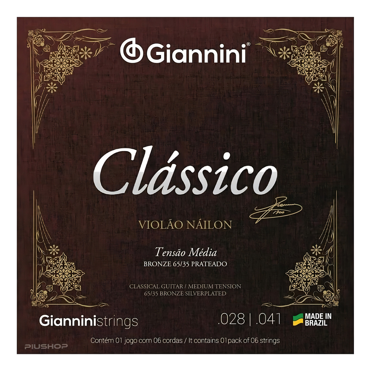 Encordoamento para Violão Náilon 6 Cordas Giannini Clássico Bronze 65/35 GENWPM 2