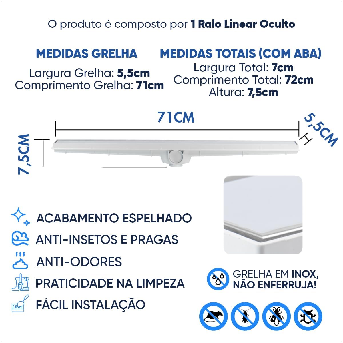 Ralo Linear Oculto Invisível Inteligente Sifonado 3