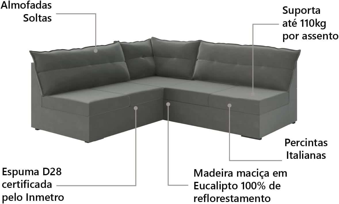 Sofá de Canto 5 Lugares Renaut Suede Cinza 3